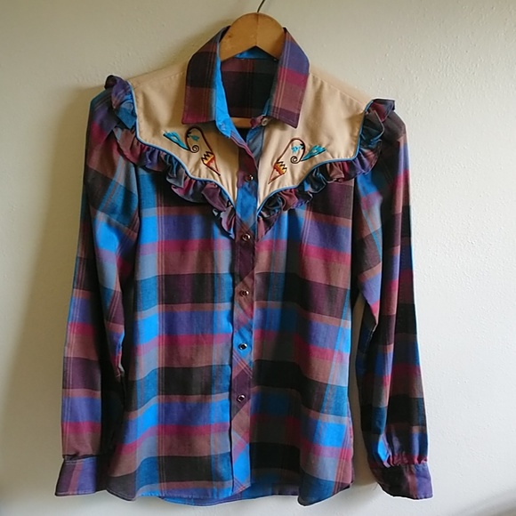 Vintage Tops - Vintage Western Plaid Snap button shirt